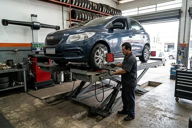Carro alinhado em equipamento especial na borracharia.