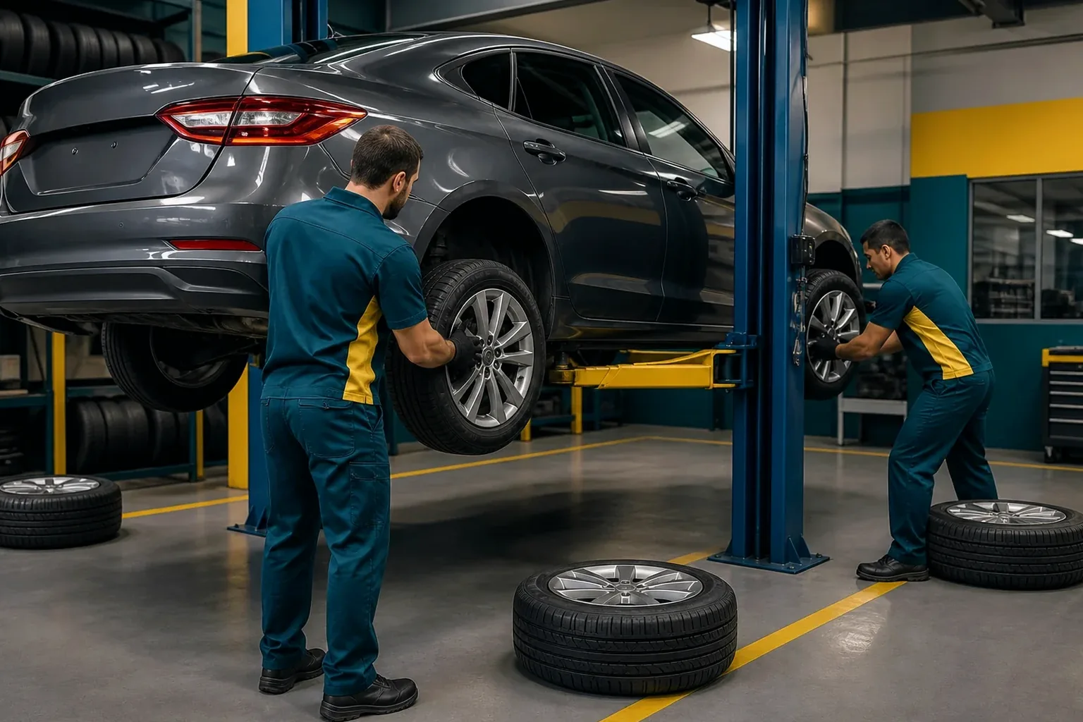 Profissional fazendo rodízio de pneus de veículo em Araçatuba.
