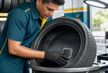 Profissional realizando conserto de pneu em Araçatuba.