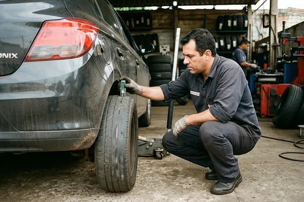 Técnico avaliando o desgaste dos pneus na borracharia.