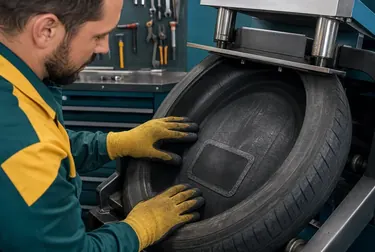 Técnico realizando vulcanização de pneu em Araçatuba.